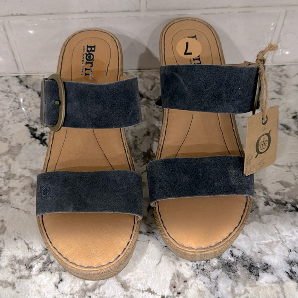 Born Blue and Tan Wedges with Double Strap Design